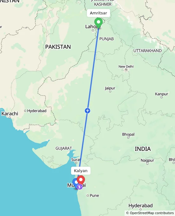 Route map showing distance and travel time from Amritsar, India to Kalyan, India