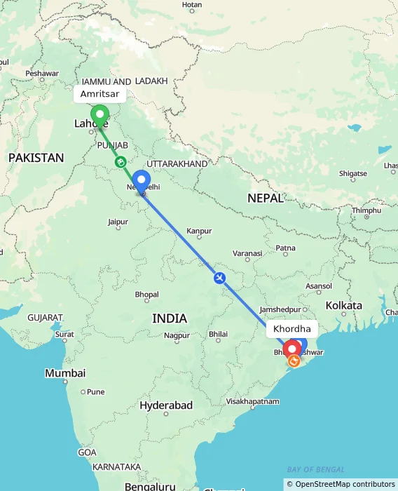 Route map showing distance and travel time from Amritsar, India to Khordha, India