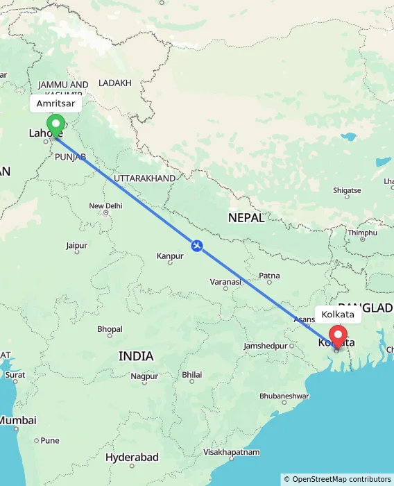 Route map showing distance and travel time from Amritsar, India to Kolkata, India