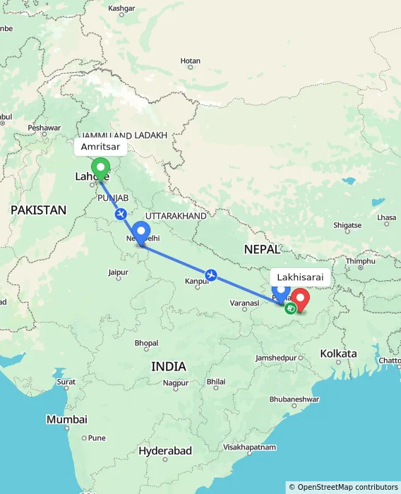 Route map showing distance and travel time from Amritsar, India to Lakhisarai, India