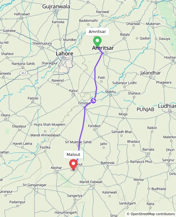 Route map showing distance and travel time from Amritsar, India to Malout, India