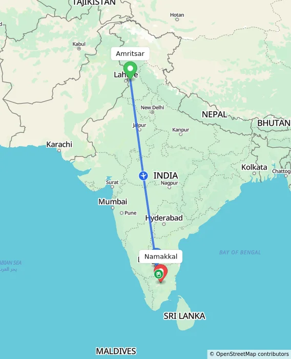 Route map showing distance and travel time from Amritsar, India to Namakkal, India