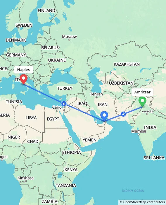 Route map showing distance and travel time from Amritsar, India to Naples, Italy