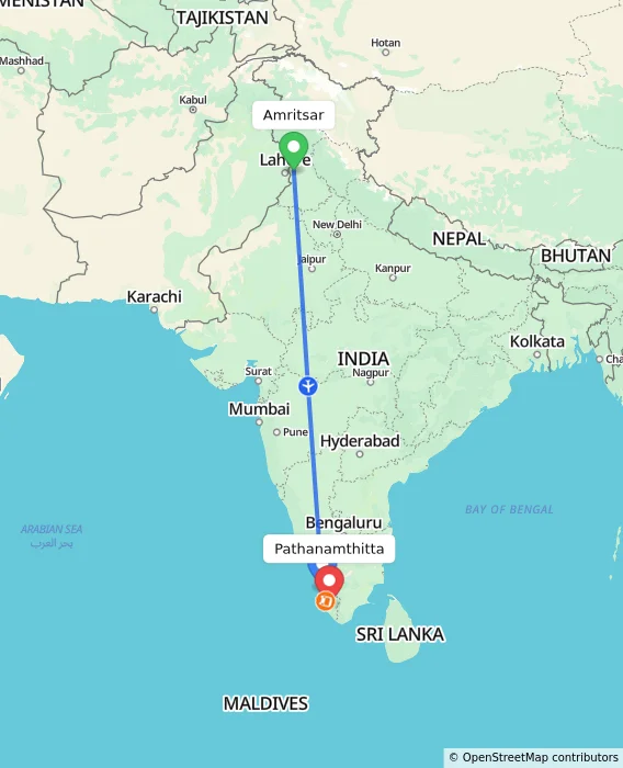Route map showing distance and travel time from Amritsar, India to Pathanamthitta, India
