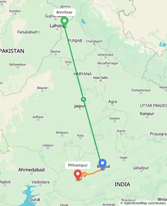 Route map showing distance and travel time from Amritsar, India to Pithampur, India