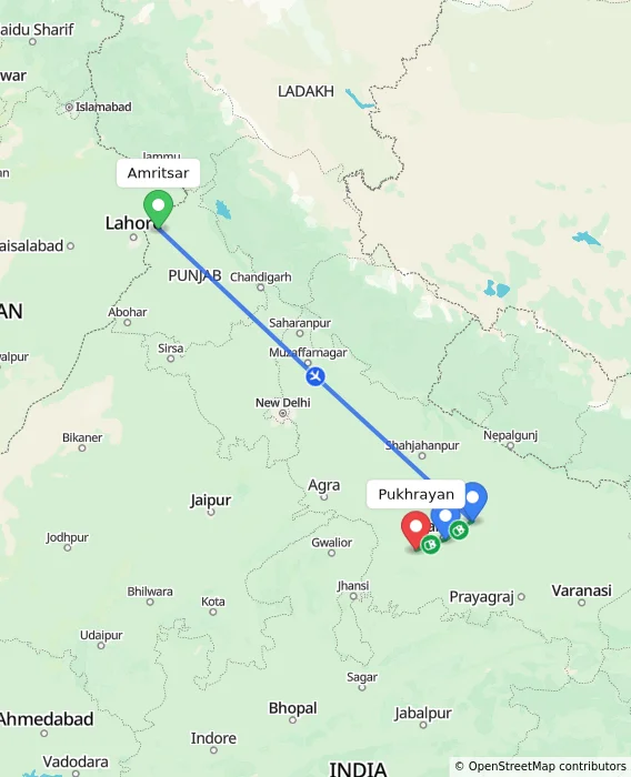 Route map showing distance and travel time from Amritsar, India to Pukhrayan, India
