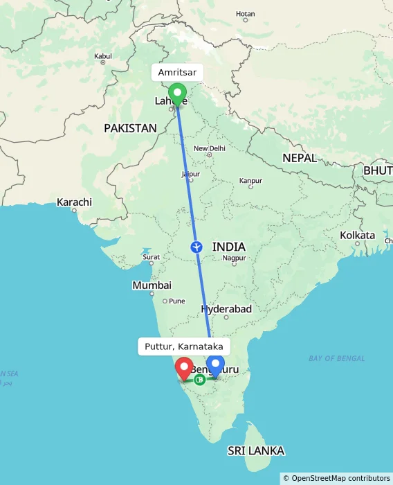 Route map showing distance and travel time from Amritsar, India to Puttur, Karnataka, India