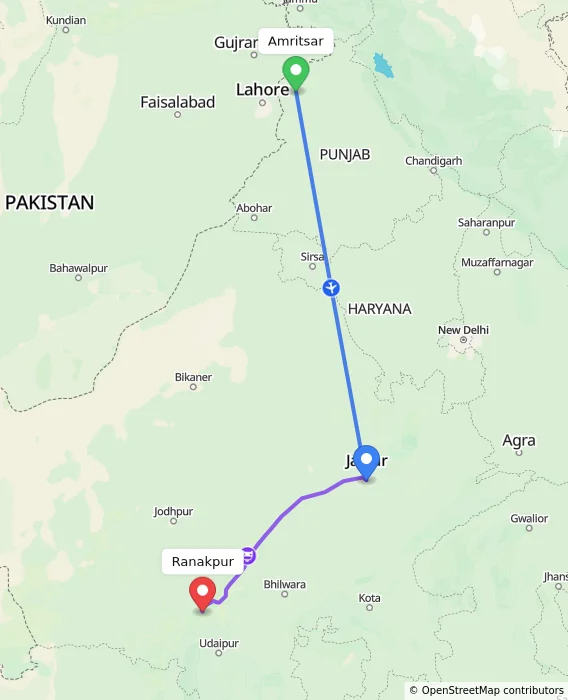 Route map showing distance and travel time from Amritsar, India to Ranakpur, India