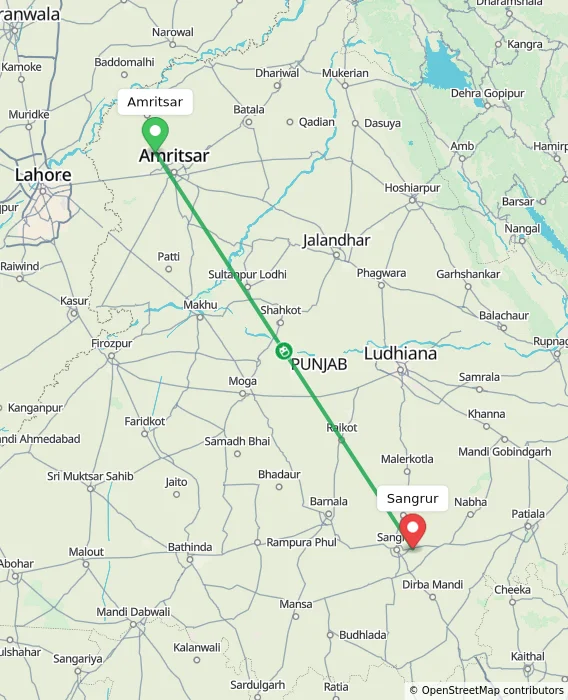 Route map showing distance and travel time from Amritsar, India to Sangrur, India