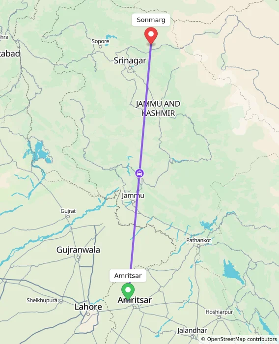 Route map showing distance and travel time from Amritsar, India to Sonmarg, India