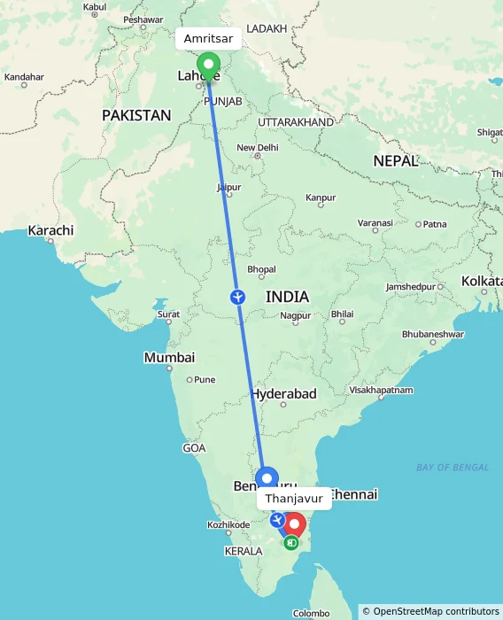 Route map showing distance and travel time from Amritsar, India to Thanjavur, India