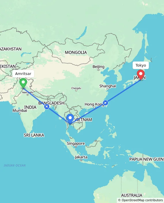 Route map showing distance and travel time from Amritsar, India to Tokyo, Japan