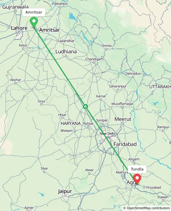 Route map showing distance and travel time from Amritsar, India to Tundla, India