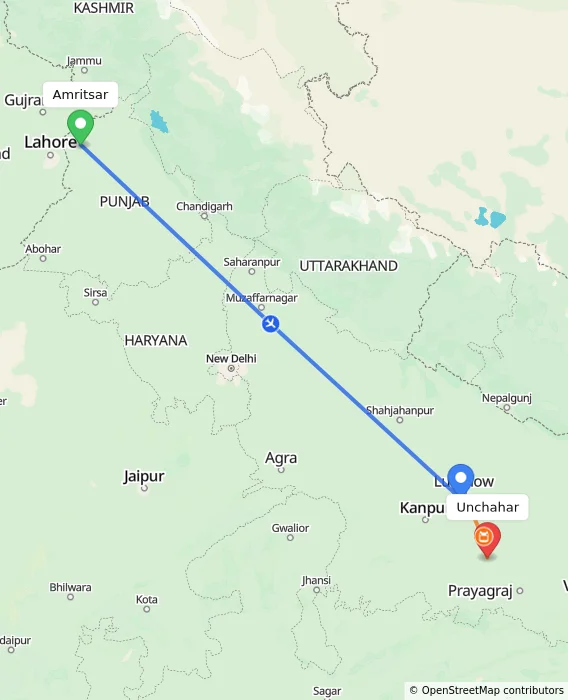 Route map showing distance and travel time from Amritsar, India to Unchahar, India