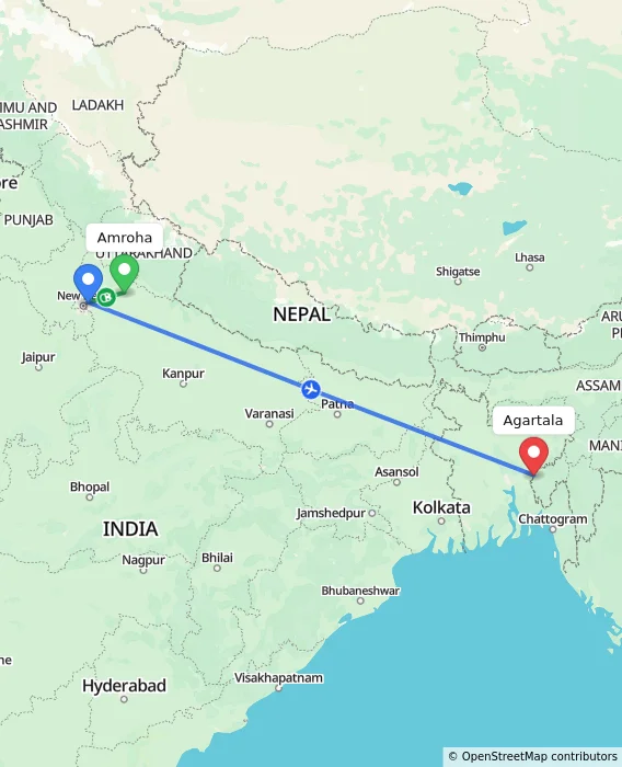 Route map showing distance and travel time from Amroha, India to Agartala, India