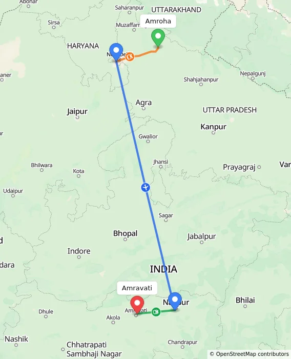 Route map showing distance and travel time from Amroha, India to Amravati, India