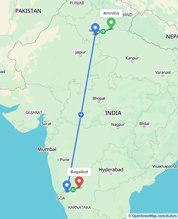Route map showing distance and travel time from Amroha, India to Bagalkot, India