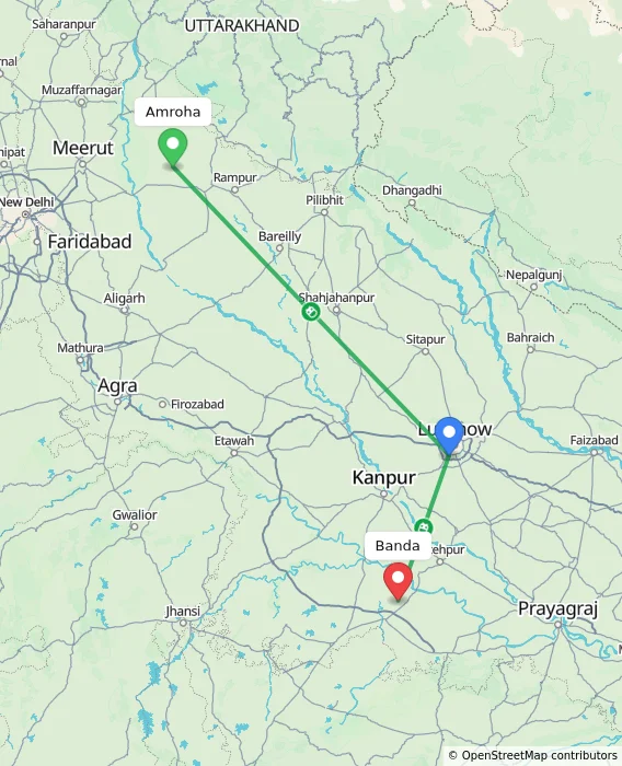 Route map showing distance and travel time from Amroha, India to Banda, India