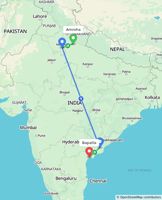 Route map showing distance and travel time from Amroha, India to Bapatla, India
