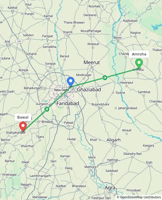 Route map showing distance and travel time from Amroha, India to Bawal, India