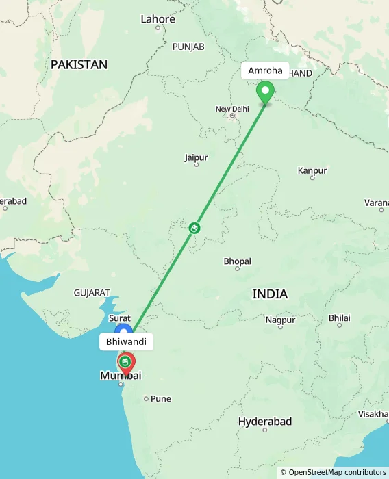 Route map showing distance and travel time from Amroha, India to Bhiwandi, India
