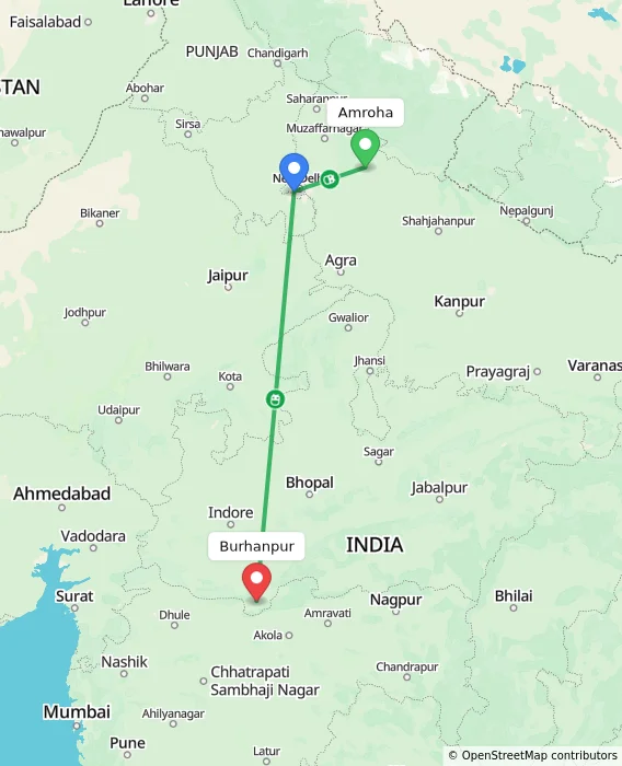 Route map showing distance and travel time from Amroha, India to Burhanpur, India