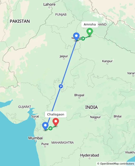 Route map showing distance and travel time from Amroha, India to Chalisgaon, India