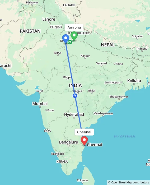 Route map showing distance and travel time from Amroha, India to Chennai, India