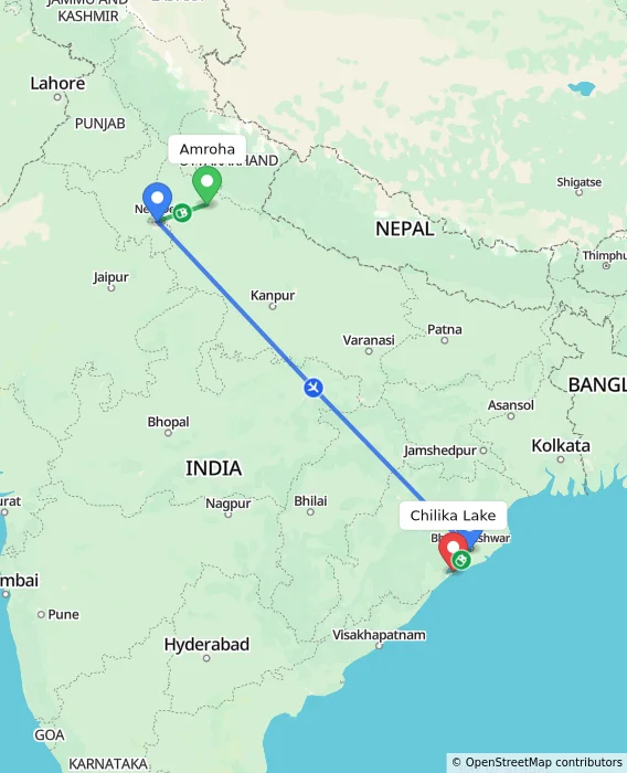 Route map showing distance and travel time from Amroha, India to Chilika Lake, India