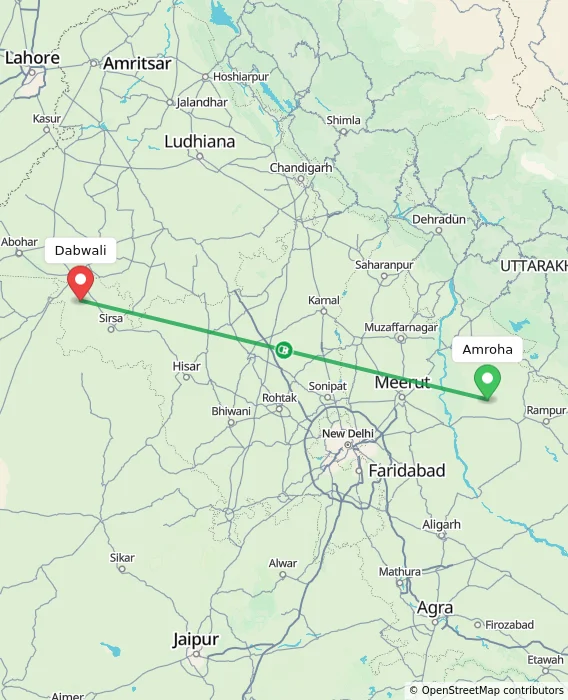 Route map showing distance and travel time from Amroha, India to Dabwali, India