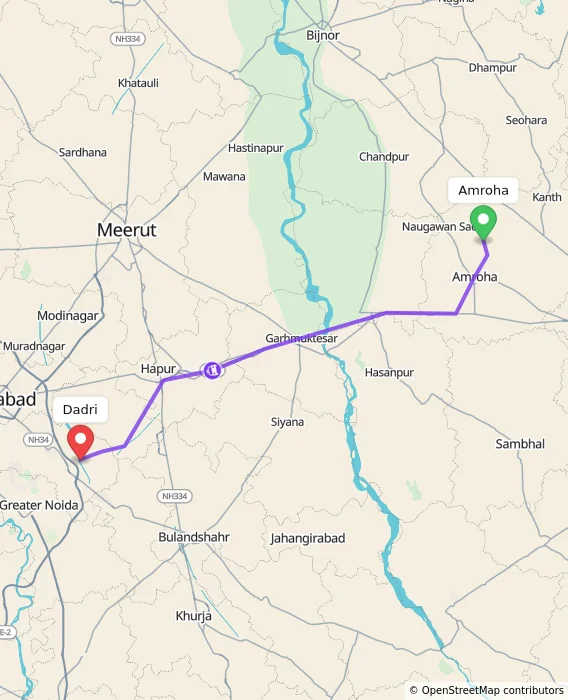 Route map showing distance and travel time from Amroha, India to Dadri, India