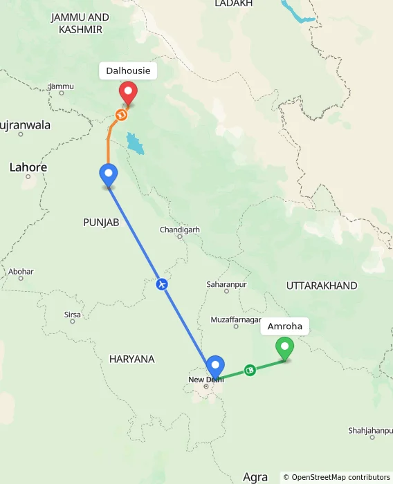 Route map showing distance and travel time from Amroha, India to Dalhousie, India
