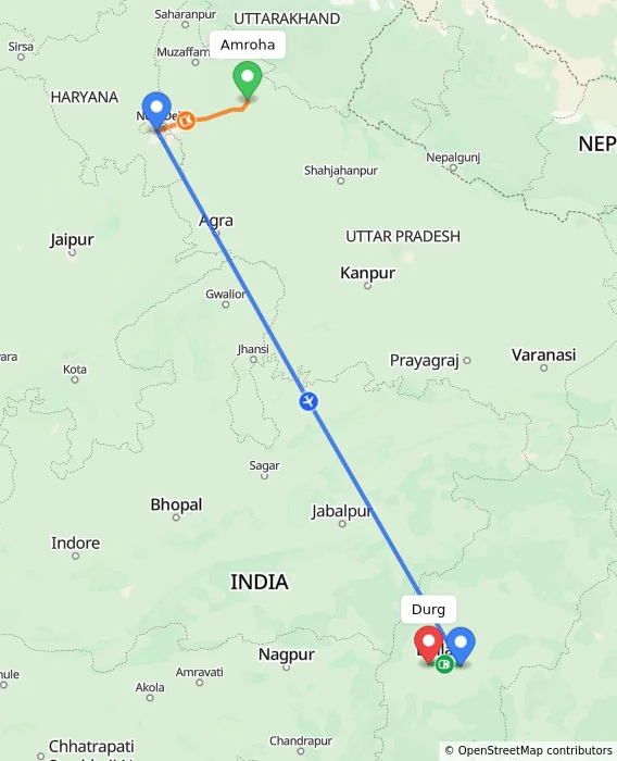 Route map showing distance and travel time from Amroha, India to Durg, India