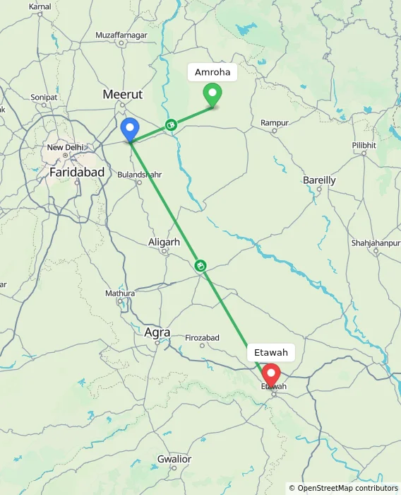 Route map showing distance and travel time from Amroha, India to Etawah, India