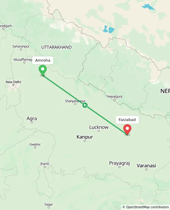 Route map showing distance and travel time from Amroha, India to Faizabad, India