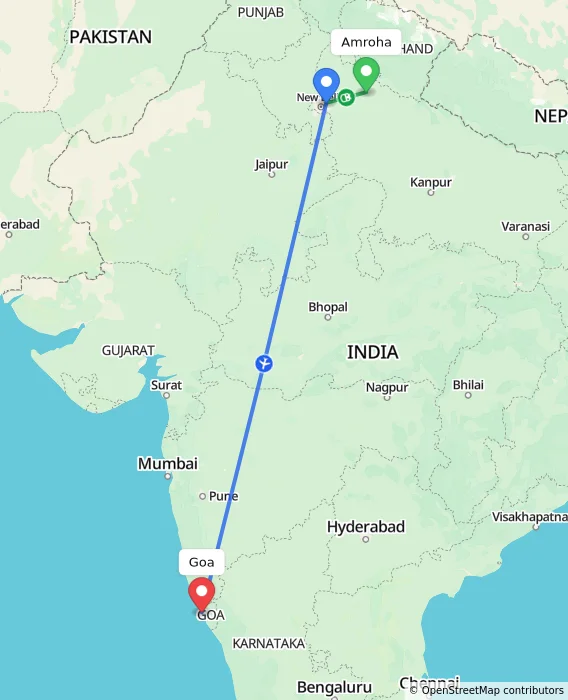 Route map showing distance and travel time from Amroha, India to Goa, India