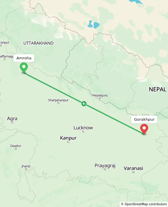 Route map showing distance and travel time from Amroha, India to Gorakhpur, India