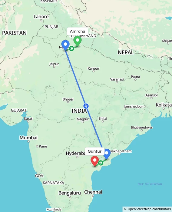 Route map showing distance and travel time from Amroha, India to Guntur, India
