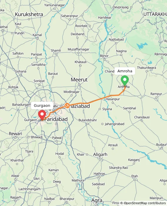 Route map showing distance and travel time from Amroha, India to Gurgaon, India
