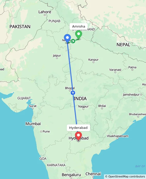 Route map showing distance and travel time from Amroha, India to Hyderabad, India