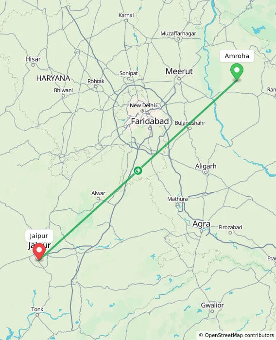 Route map showing distance and travel time from Amroha, India to Jaipur, India