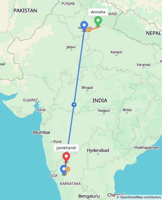 Route map showing distance and travel time from Amroha, India to Jamkhandi, India