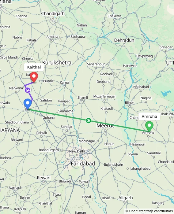 Route map showing distance and travel time from Amroha, India to Kaithal, India