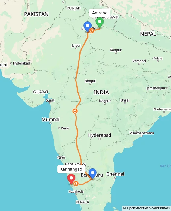 Route map showing distance and travel time from Amroha, India to Kanhangad, India