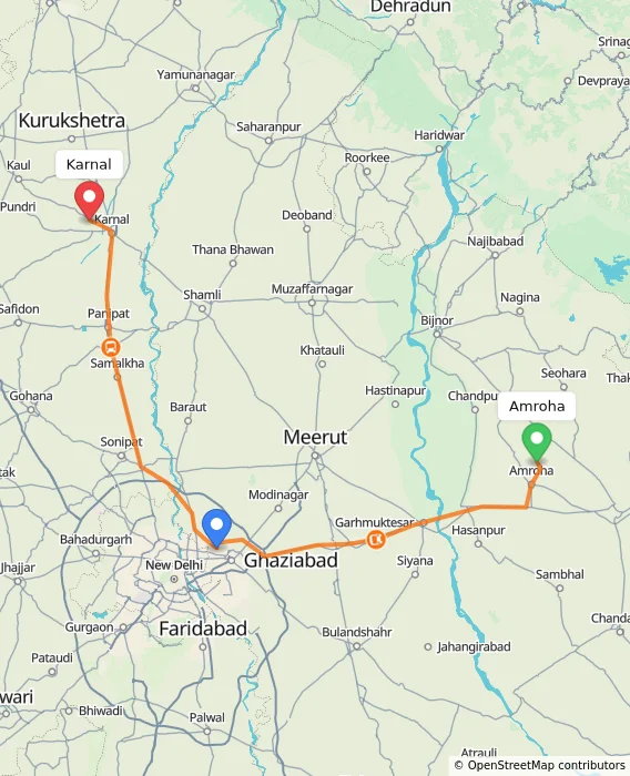 Route map showing distance and travel time from Amroha, India to Karnal, India