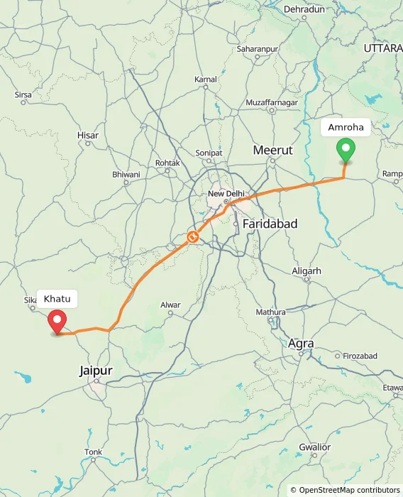 Route map showing distance and travel time from Amroha, India to Khatu, India