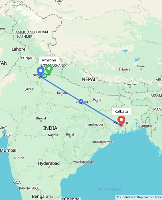 Route map showing distance and travel time from Amroha, India to Kolkata, India