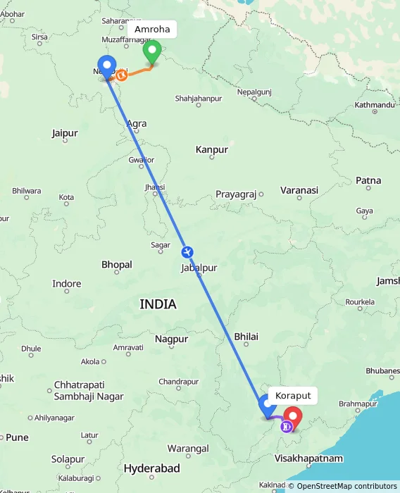 Route map showing distance and travel time from Amroha, India to Koraput, India