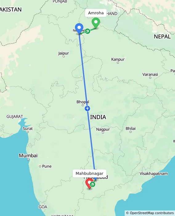 Route map showing distance and travel time from Amroha, India to Mahbubnagar, India