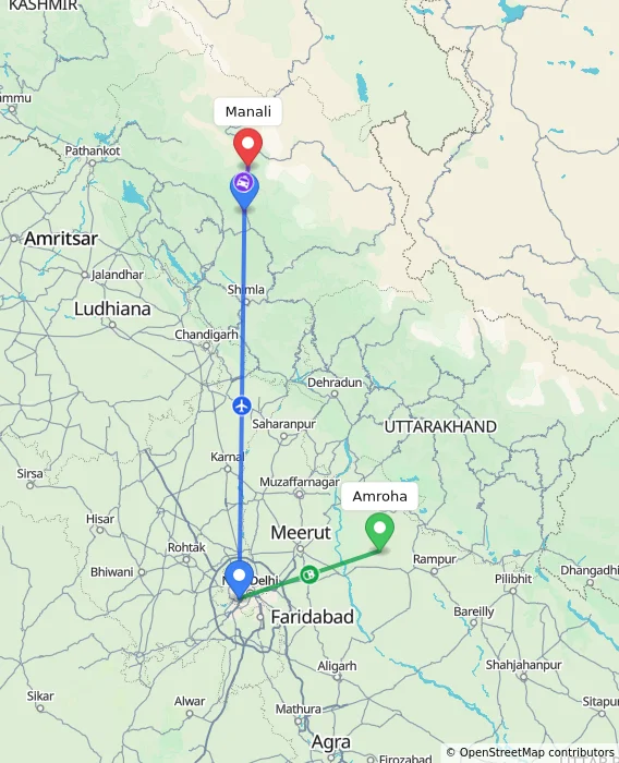 Route map showing distance and travel time from Amroha, India to Manali, India